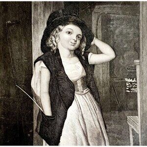 The Disguise Adorable Girl In Hat Steel Engraving 1859 Victorian Art DWY5D